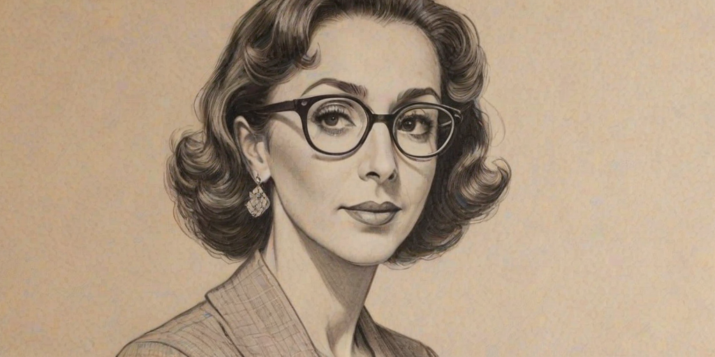 Appealing Andrea Martin, pencil sketch, portrait of Sublime woman 1938s in glasses, hair style beatnik, outline, clear lines, fine lines, 8k