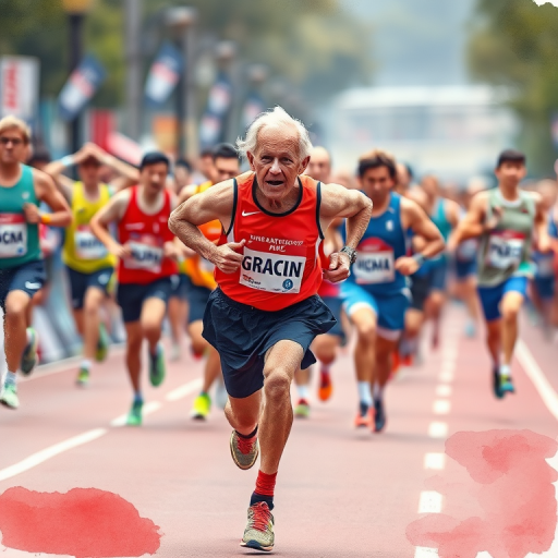 Create a dynamic watercolor illustration of an elderly man sprinting in a marathon with a determined expression, surrounded by other runners, using a DSLR camera set to ISO 100, aperture f/2.8, focal length 50mm, shot from a low angle to emphasize speed and motion, with vivid colors and a blurred background to convey the energy of the race.