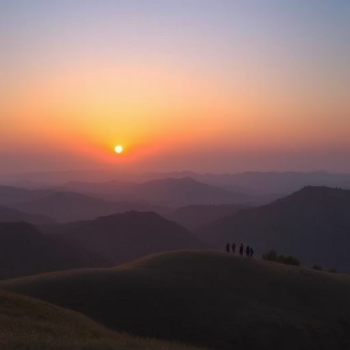 Create a high-resolution image of a serene landscape featuring rolling hills and a sunset, captured with a Canon EOS R5 using a 24-70mm lens at f/8, ISO 100, 1/125s, shot from a wide-angle view in landscape orientation.