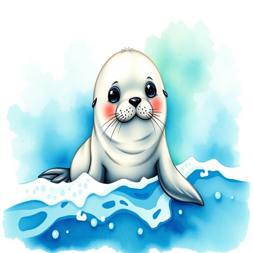 Create a high-resolution watercolor illustration of a cute seal on a wave, with vibrant shades of blue and green in the background, using a Canon EOS R5, f/8 aperture, 1/200s shutter speed, and an ISO of 100 for enhanced clarity and detail.