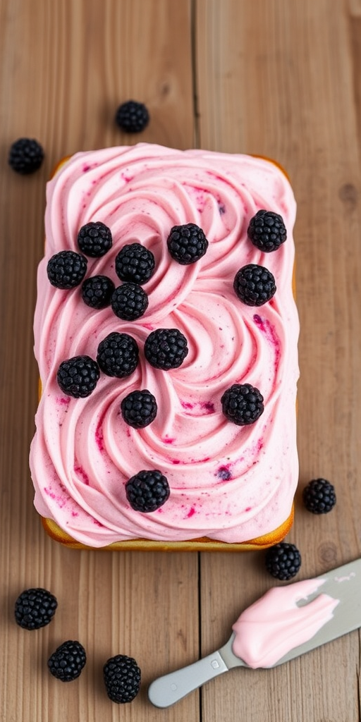 Create an image of a rectangular cake topped with swirls of light and dark pink frosting mixed with blackberries on a wooden surface. Include some scattered blackberries and a small knife with frosting on it nearby. The cake should have an appealing and textured look with a rustic feel.