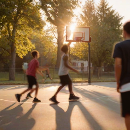 Blurry candid shot of a group of teenagers playing basketball on an outdoor court at sunset, soft golden light casting long shadows on the asphalt, with a basketball hoop and trees barely visible in the background.