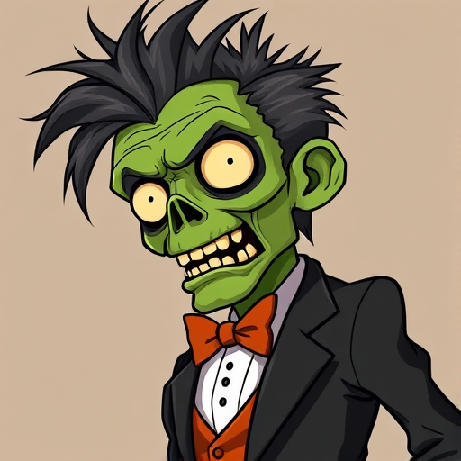 Regenerate a cartoon-style zombie character with exaggerated features, vibrant green skin, wild hair, wearing a tuxedo with an orange belt, against a simple background; use a DSLR camera with a 50mm lens, f/1.8 aperture, ISO 100, and soft focus lighting for enhanced detail and color vibrancy.