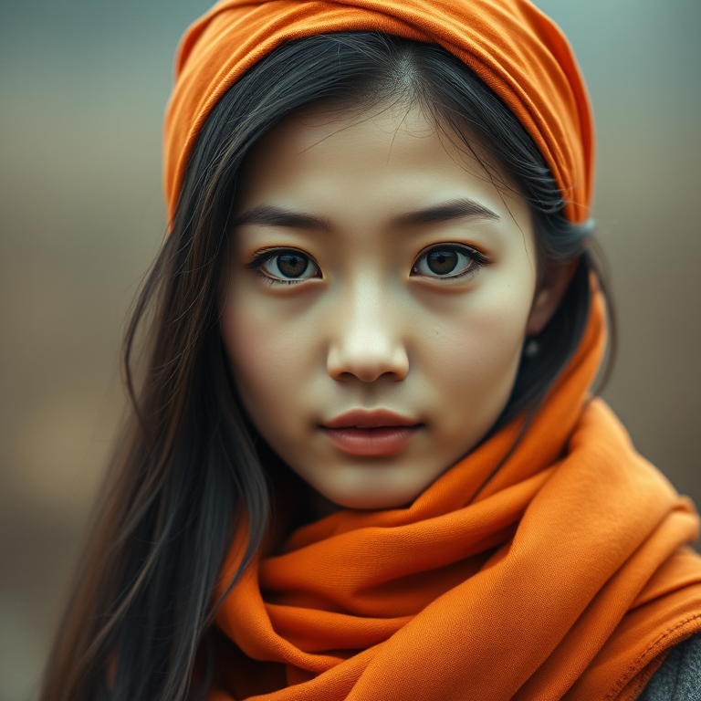 Create a portrait of a young Korean woman with long, dark hair and captivating hazel eyes. She is wearing a orange headscarf and a matching scarf draped gracefully around her neck. The background is softly blurred, focusing attention on her serene and natural expression. The overall color palette is muted and warm, enhancing the intimate and authentic feel of the portrait.