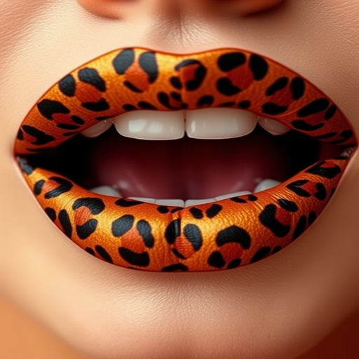 Fierce leopard print lips feature a bold animal pattern in warm golden and chocolate tones, making a statement with their unique and daring design