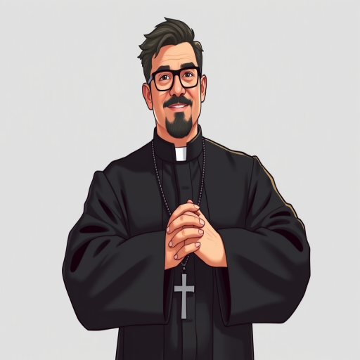 Create an illustration of a charismatic figure in a black clerical robe with glasses and a cross necklace, striking a confident pose with hands clasped, using a Canon EOS R5 camera with a 50mm f/1.2 lens, shot at f/2.8 to create a shallow depth of field, in a well-lit studio setting with softbox lighting for even illumination and enhanced detail.