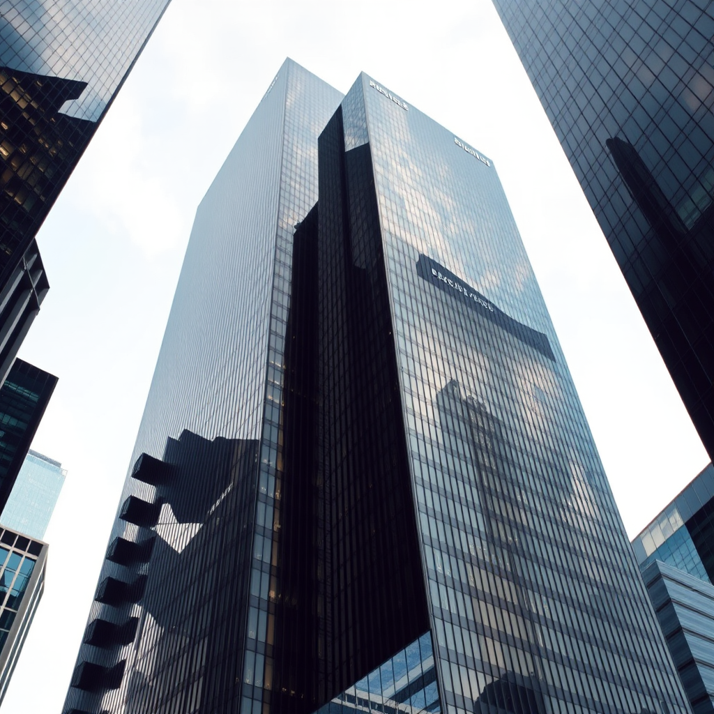 high-resolution image of modern skyscrapers with reflective black glass facades, taken from a low angle view, f/8 aperture, ISO 100, 24mm focal length, DSLR camera, natural daylight settings