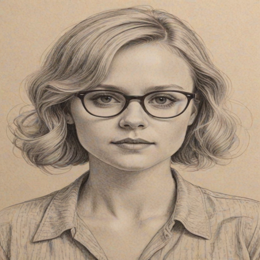 Resplendent Alison Pill, pencil sketch, portrait of Resplendent woman 1948s in glasses, hair style beatnik, outline, clear lines, fine lines, 8k