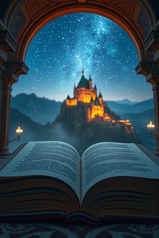 capture a fantastical scene featuring an open book in a majestic palace with a glowing castle on a distant mountain under a starry sky, use a Canon EOS R5, aperture f/1.8, ISO 100, focal length 50mm, shoot from a low angle to emphasize the grandeur of the setting, use a soft focus effect for a dreamy atmosphere, high dynamic range for rich colors and details