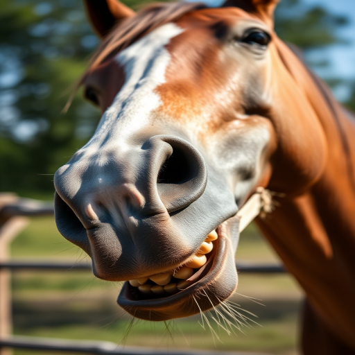 photograph a close-up of a horse's side profile showcasing its mouth and teeth with natural light, aperture f/2.8, shutter speed 1/200s, ISO 400, 85mm lens, shot with a DSLR camera in portrait orientation.