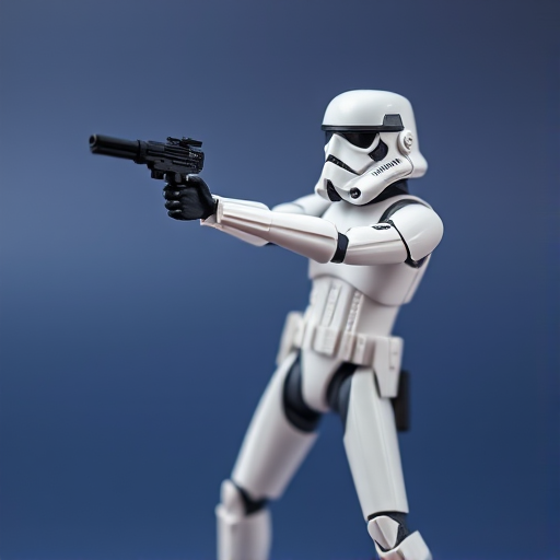 A Stormtrooper action figure pointing a blaster, taken with a DSLR camera at 50mm focal length, aperture f/1.8, ISO 100, natural lighting, shallow depth of field, isolated on a solid color background.