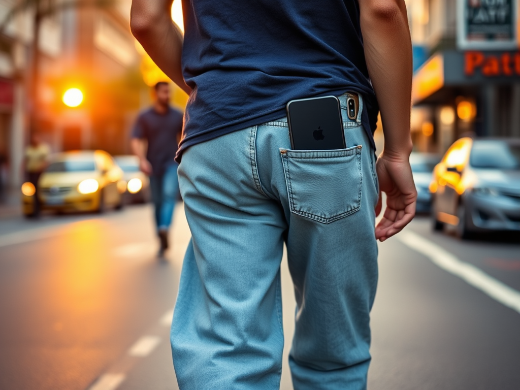 A casual street scene featuring a person walking away, wearing oversized light blue cargo jeans, with a smartphone in the back pocket, captured with a Canon EOS R5, 35mm lens, f/2.8 aperture, ISO 100, at sunset, emphasizing vibrant colors and shallow depth of field.