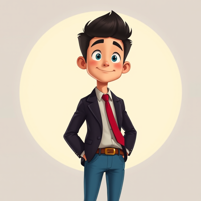 generate a cartoon character of a young man standing confidently with short black hair, wearing a dark blazer over a light shirt, a red tie, and blue jeans, with a circular soft light background to enhance focus, shot with a digital camera at 50mm focal length, f/2.8 aperture, ISO 100, in a vibrant color style
