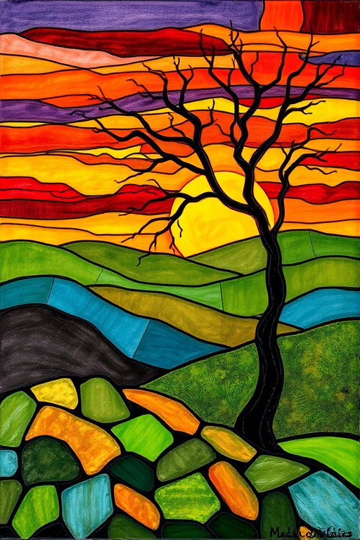 A vibrant abstract painting on Tiffany Glass, blending acrylic and alcohol ink techniques, captures a dramatic sunset over rolling hills. The artwork features a textured, rocky foreground in green and brown, layered abstract hills, and a striking sunset in rich oranges, yellows, and reds. A solitary black tree with intricate branches contrasts against the fiery sky, creating a dynamic and expressive portrayal of a breathtaking natural scene.