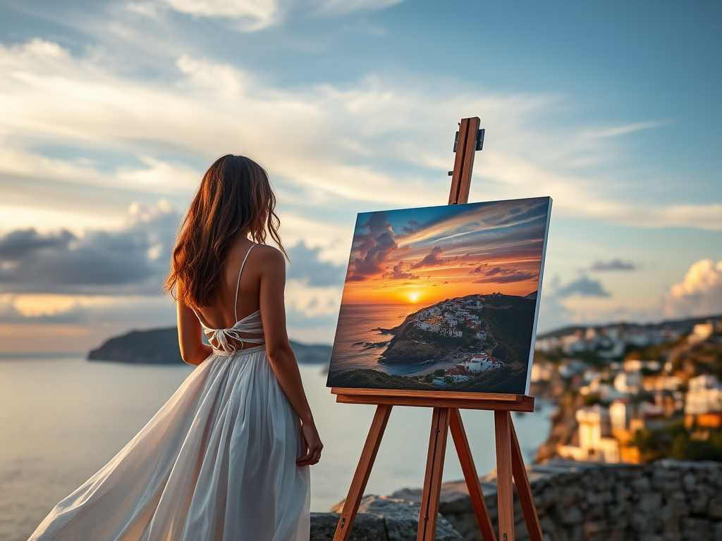 Create a serene scene of a woman in a flowing white dress standing near an easel displaying a picturesque painting of a sunset over a coastal town, with dramatic clouds in the sky, using a full-frame camera, 35mm lens, f/2.8 aperture, ISO 100, golden hour lighting for soft illumination.