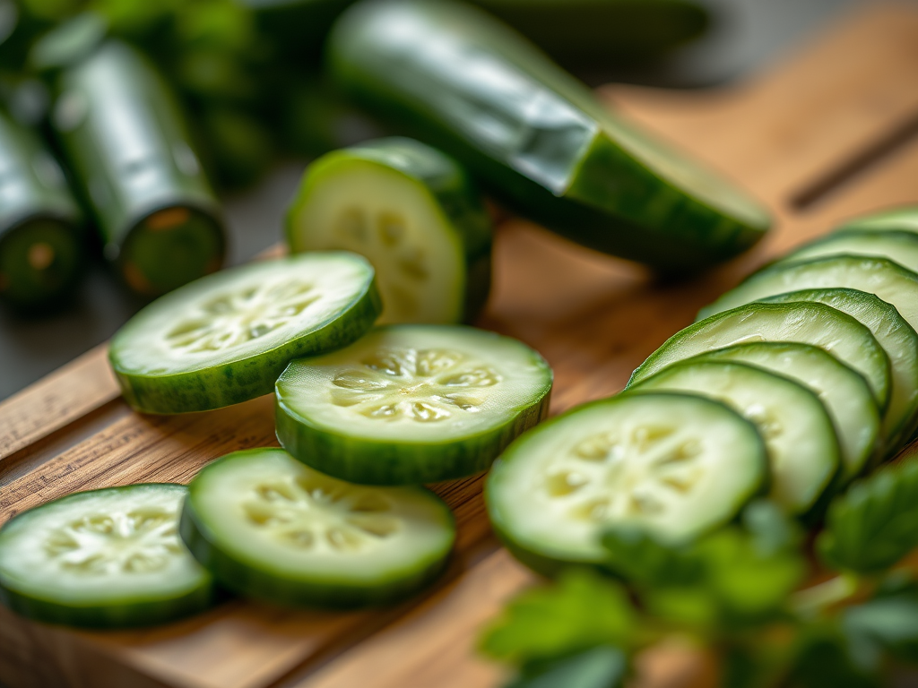 sliced cucumbers on a wooden cutting board, macro shot, shallow depth of field, f/2.8 aperture, 50mm lens, natural lighting, soft focus background, high dynamic range, DSLR camera