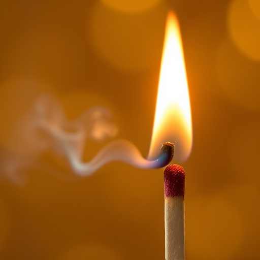 Capture a close-up of a lit matchstick with a vibrant flame and smoke against a blurred, shimmering golden background, using a DSLR camera at f/2.8, ISO 100, 1/200 sec, in macro mode with a shallow depth of field.