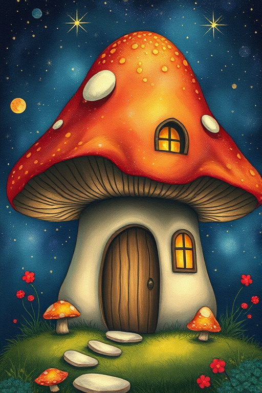 this picture is illustration of a mushroom house with a door and a window, a storybook , fantasy art, mushroom house, bg starry sky, sparkles