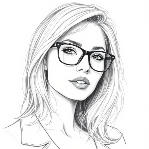 Beautiful Cameron Diaz, pencil sketch, portrait of beautiful woman 60s in glasses, hair style beatnik, outline, clear lines, fine lines, 8k