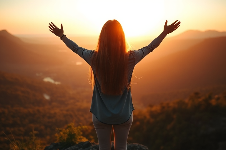 a person with long hair standing on a mountain overlooking a lush valley at sunrise with arms raised in a welcoming gesture, Canon EOS R5, 50mm lens, aperture f/1.8, ISO 200, soft golden hour lighting, shallow depth of field, dramatic shadows