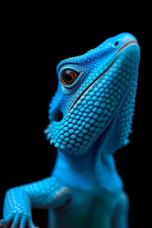 close-up of a vibrant blue lizard against a black background, f2.8 aperture, ISO 100, 1/200 sec shutter speed, macro lens, soft focus style, DSLR camera