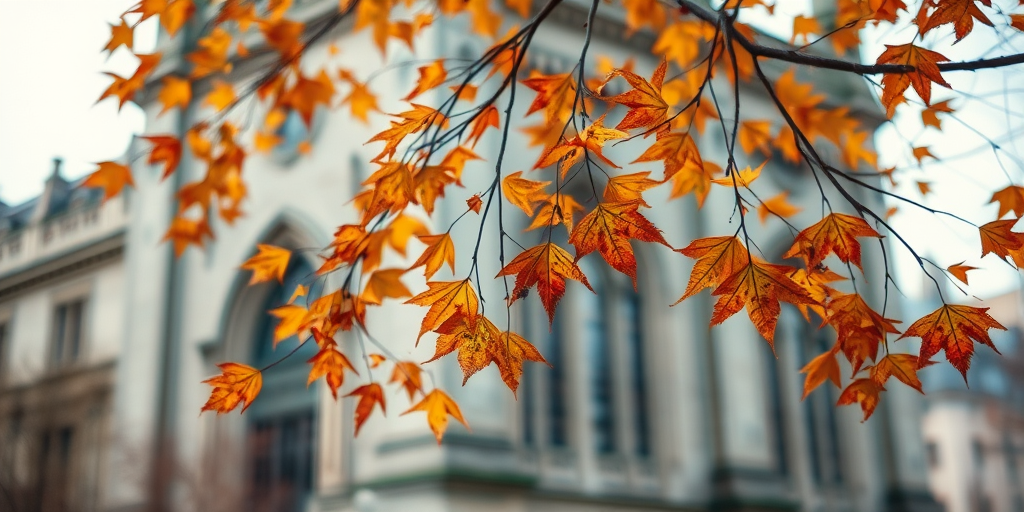 autumn leaves on branches with a soft focus background of historic architecture, captured with a DSLR camera, aperture f/2.8, shutter speed 1/200s, ISO 100, using a 50mm lens, natural light, taken at a low angle for a dreamy effect