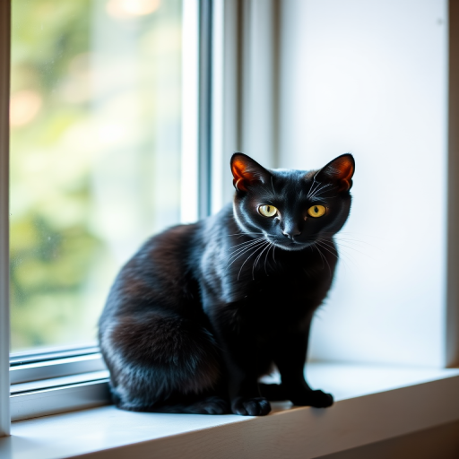 Create a high-resolution image of a sleek black cat sitting gracefully on a windowsill, captured with a DSLR camera at f/2.8 aperture, ISO 200, 50mm lens, in natural light with a soft focus background to enhance depth of field.