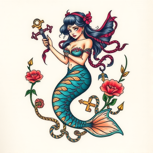 Neo-traditional mermaid tattoo with vivid colors and bold outlines, adorned with nautical elements and art deco-inspired ornamental details for a stunning vintage-inspired design