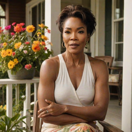A photo of Angela Bassett with a background of a cozy porch. She has dark hair pulled back in an updo, with tendrils framing her face. She wears a white tank top and sits on the porch. The porch is part of a well-lit home with a warm, earthy tone and colorful flowers and foliage. The overall scene has a warm, welcoming, and comfortable ambiance.