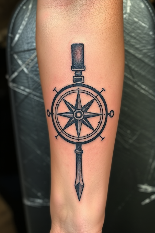 Engraving-style tattoo of an antique compass on the forearm, with fine lines and cross-hatching techniques mimicking old-world craftsmanship