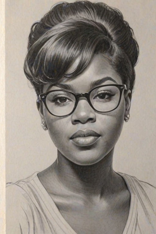 Charming Gabby Sidibe, pencil sketch, portrait of Charming woman 1964s in glasses, hair style beatnik, outline, clear lines, fine lines, 8k