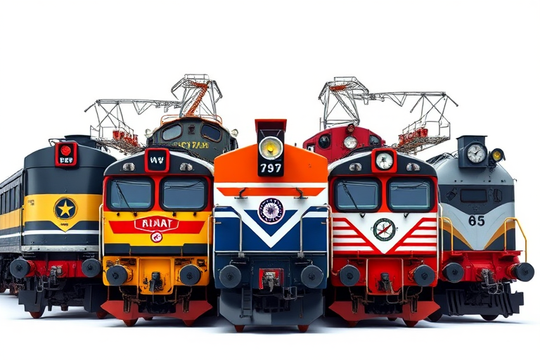 Create a highly detailed illustration of six Indian railway locomotives in a vertical arrangement, showcasing different liveries and designs, captured with a DSLR camera at f/8, ISO 100, 1/125 sec, using a shallow depth of field for crisp detail and vibrant colors, in a bright studio lighting setup.