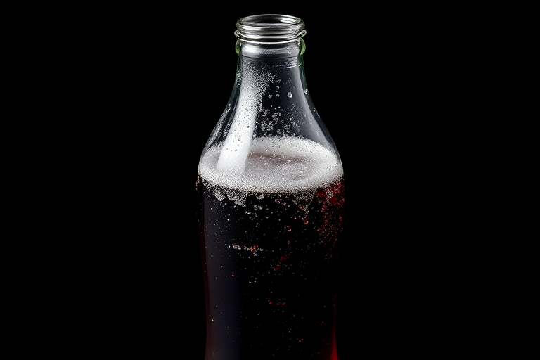 Create a high-resolution image of a glass soda bottle with bubbles, using a DSLR camera at f/2.8 aperture, ISO 200, 50mm lens, top-down view, in a minimalist style with high contrast on a black background.