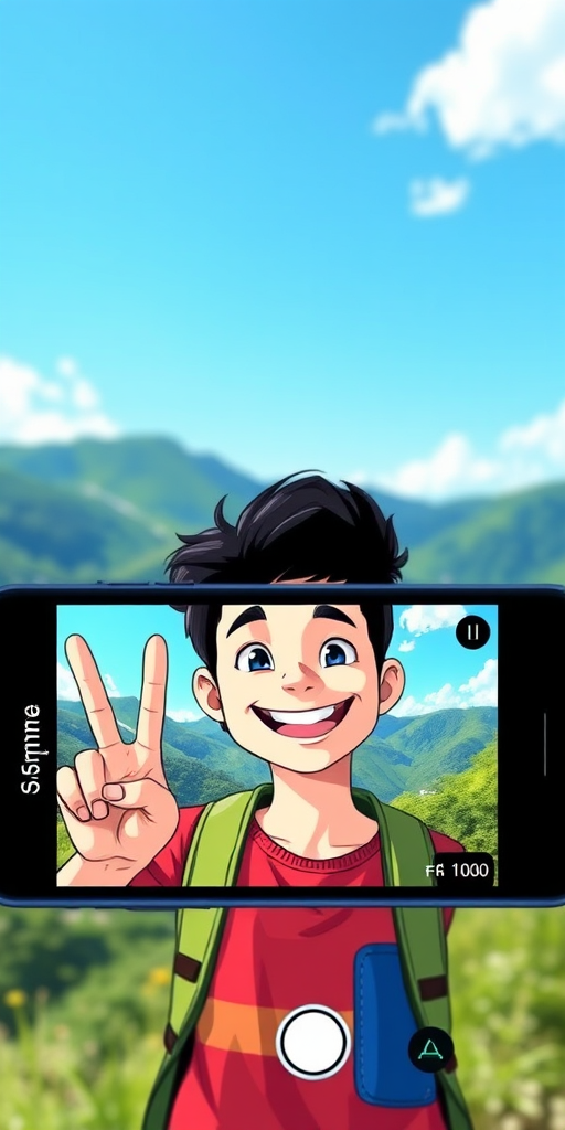 Create a vibrant animated illustration of a cheerful young person giving a peace sign in front of a scenic background with green hills and a bright blue sky, shot with a smartphone camera using a 35mm lens, f/2.8 aperture, ISO 100, and a slightly low angle for a dynamic perspective.
