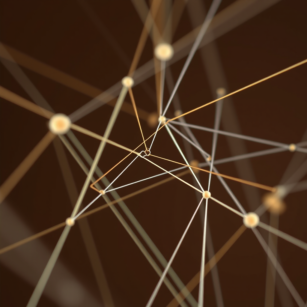 Create an abstract digital art piece featuring interconnected lines and geometric shapes on a dark brown background, using a macro lens with a shallow depth of field, ISO 200, aperture f/2.8, and a shutter speed of 1/60s for enhanced detail and texture.