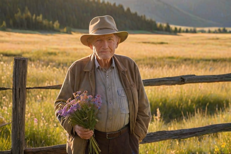 High-resolution image, late afternoon light, an elderly man with a worn hat and wrinkled face, standing by an old wooden fence, holding a bouquet of wildflowers, sun setting in the background, golden light casting long shadows, mountains in the distance, soft focus on the flowers in his hand, gentle smile on his face.