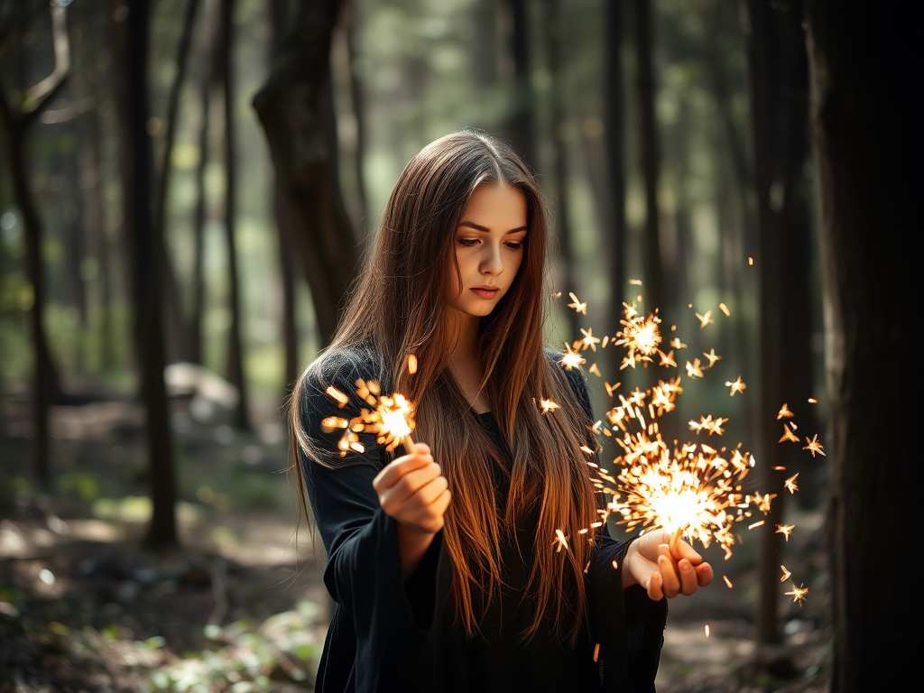 Regenerate a mystical forest scene featuring a woman with long hair holding glowing sparks, captured with a DSLR camera, 50mm lens, f/1.8 aperture, ISO 100, in soft natural light, with a shallow depth of field and a slightly elevated angle to enhance the atmosphere.