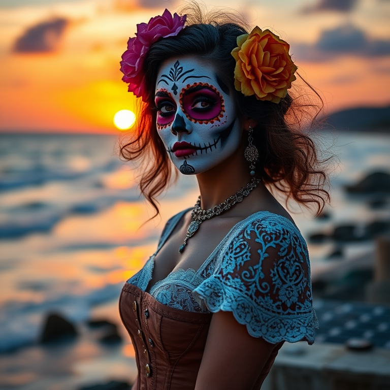 Generate an image of a woman in a dramatic sugar skull makeup with vibrant colors, wearing a corset dress with lace and floral details, against a coastal backdrop during sunset, using a DSLR camera with a 50mm lens at f/1.8, ISO 200, and a shallow depth of field for a soft background effect.
