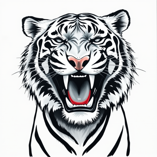 Abstract black and white acrylic portrait of an over exaggerated laughing (tiger). Minimalism style. White background.