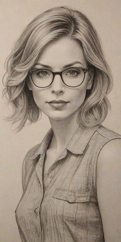 Lovely Debbie Matenopoulos, pencil sketch, portrait of Attractive woman 1922s in glasses, hair style beatnik, outline, clear lines, fine lines, 8k