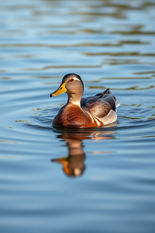 Create a high-resolution image of a domestic duck swimming on a calm lake surface with detailed plumage, using a DSLR camera with a 100mm lens, aperture f/2.8, ISO 200, shutter speed 1/500s, captured at eye level to enhance the clarity and depth of field.