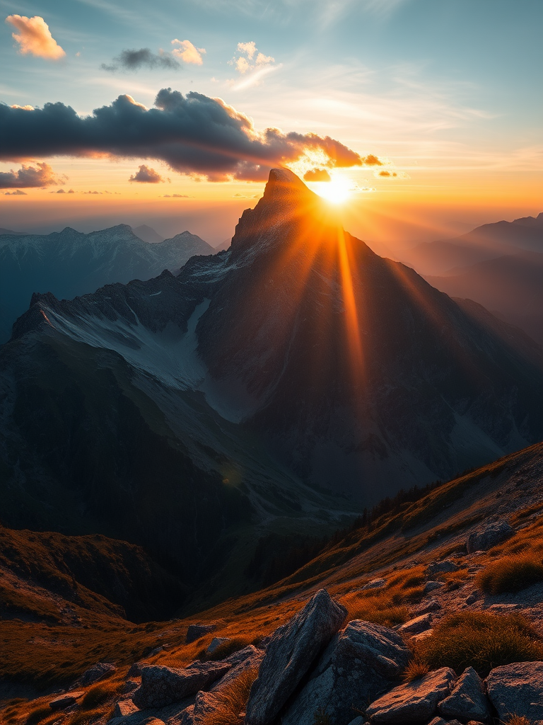 stunning mountain landscape at sunrise with dramatic lighting, f/8 aperture, ISO 100, 1/200s shutter speed, wide-angle lens, DSLR camera, high dynamic range, vibrant colors and sharp details