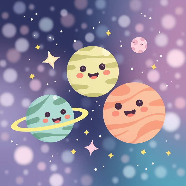 Create a whimsical cartoon space scene featuring cute planets with smiling faces in pastel colors surrounded by stars and a dreamy galaxy background with soft bokeh effects.