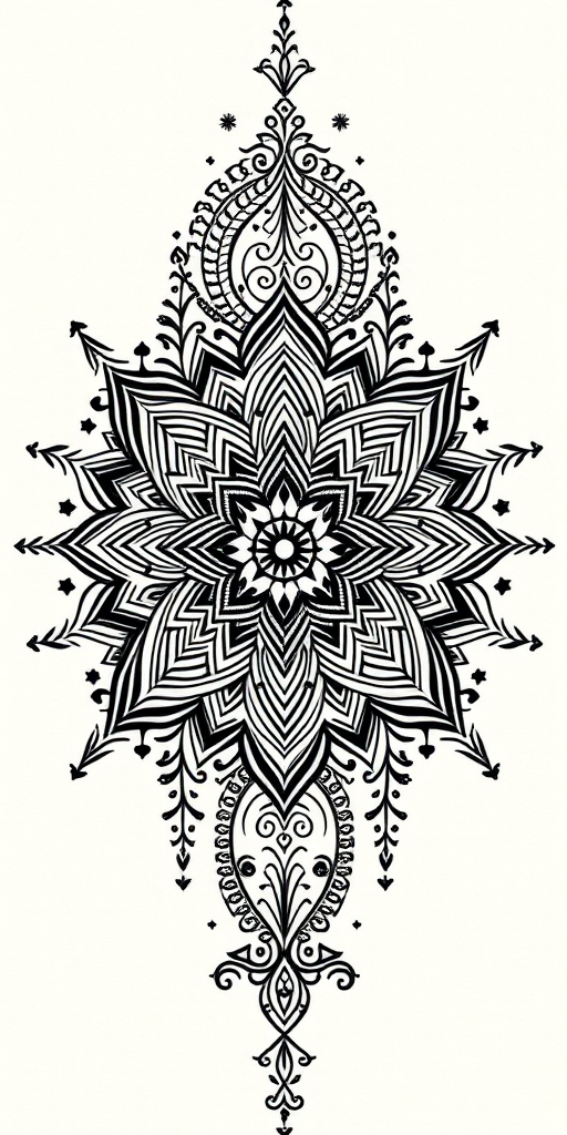 Ornamental blackwork tattoo named "Mandala Majesty" featuring intricate geometric patterns and symmetrical designs inspired by sacred symbols and spiritual art