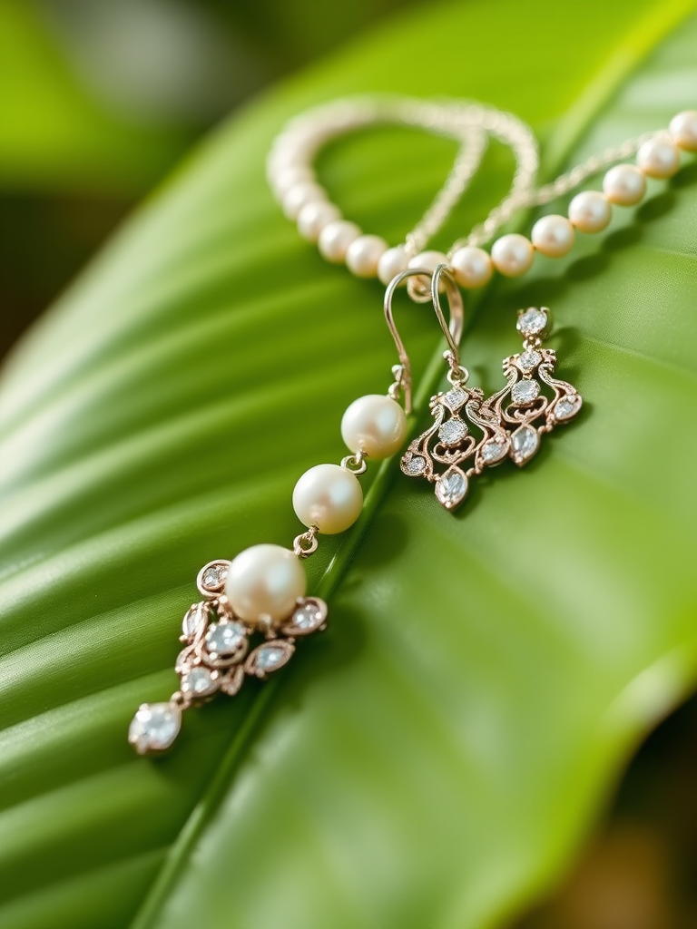 Capture an elegant jewelry set featuring a pearl necklace and matching earrings draped over a large green leaf, using a macro lens, f/2.8 aperture, ISO 100, natural lighting, and a shallow depth of field for a soft background blur, photograph in ambient light for enhanced details and reflections.