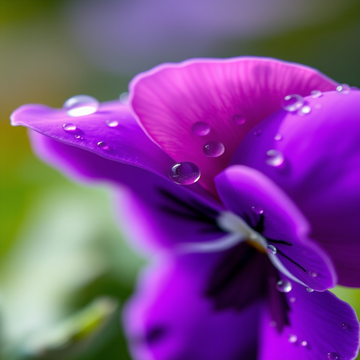 high-resolution close-up of a purple pansy flower with water droplets, soft focus background, natural light, aperture f/2.8, shutter speed 1/125s, ISO 200, DSLR camera, macro lens