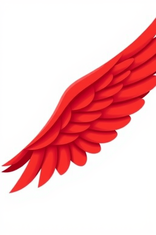 Create a high-resolution illustration of a stylized red wing with smooth curves, set against a plain white background, using a DSLR camera with a focal length of 50mm, aperture of f/2.8, ISO 100, and soft lighting for even exposure.
