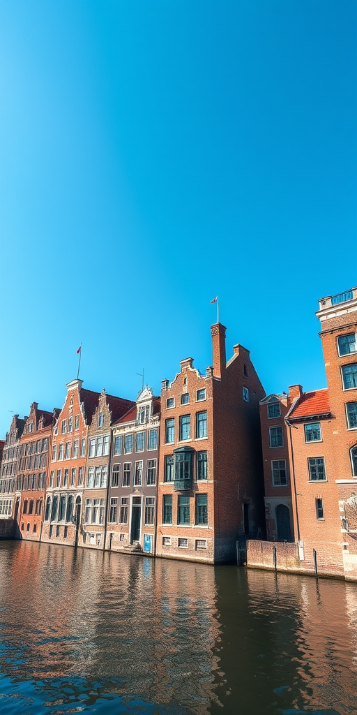 photograph of historic brick buildings along a canal with clear blue sky and water reflections, shot with a Canon EOS 5D Mark IV, aperture f/8, shutter speed 1/250 sec, ISO 100, wide-angle view from water level, using natural light for enhanced clarity and detail