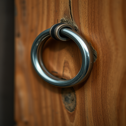 regenerate an image of a metal ring attached to a wooden surface, using a Canon EOS R5 camera with a 50mm lens, aperture set to f/1.8, ISO 100, shot from a close-up perspective, with soft natural lighting to enhance texture and detail.