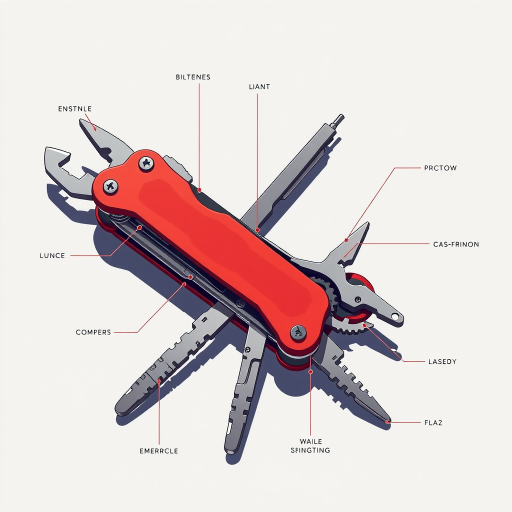 Create a detailed illustration of a multi-tool with various functions, using a high-resolution camera, 50mm lens, f/2.8 aperture, shot from a top-down view, ensuring sharp focus and vibrant colors to highlight the tool's features.